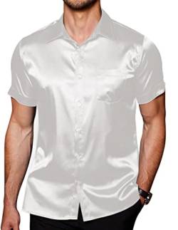COOFANDY Herren Sommer Shirts Kurzarm Seide Satin Jacquard Shirts Casual Button Down Beach Shirt, Weiß-rein, XL von COOFANDY