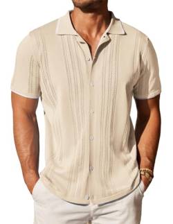 COOFANDY Herren Strick Button Down Shirt Vintage Kurzarm Polo Shirts Casual Beach Tops, Cream, Mittel von COOFANDY