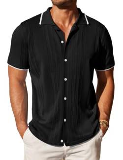 COOFANDY Herren Strick Button Down Shirt Vintage Kurzarm Polo Shirts Casual Beach Tops, Schwarz, L von COOFANDY