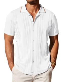 COOFANDY Herren Strick Button Down Shirt Vintage Kurzarm Polo Shirts Casual Beach Tops, Weiss/opulenter Garten, XL von COOFANDY