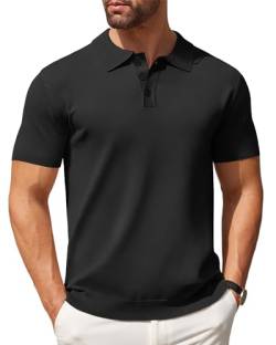 COOFANDY Herren Strick-Polohemden, lässig, kurzärmelig, Button-Down-Poloshirt, klassisches Golf-Shirts, Schwarz, L von COOFANDY