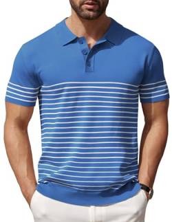 COOFANDY Herren Strick-Polohemden Kurzarm Gestreiftes Golf Poloshirts Leicht Lässig Kragen T-Shirt, Blau (weiße Streifen), L von COOFANDY