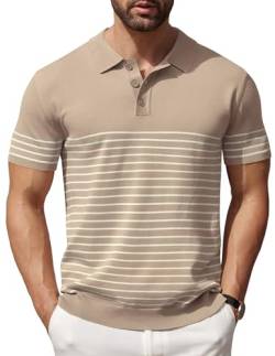 COOFANDY Herren Strick-Polohemden Kurzarm Gestreiftes Golf Poloshirts Leicht Lässig Kragen T-Shirt, Khaki (Beige Streifen), XX-Large von COOFANDY