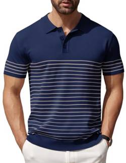COOFANDY Herren Strick-Polohemden Kurzarm Gestreiftes Golf Poloshirts Leicht Lässig Kragen T-Shirt, Marineblau (Grau gestreift), XL von COOFANDY