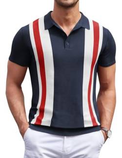 COOFANDY Herren Strick-Poloshirt, kurzärmelig, Vintage-Stil, gestreift, Schwarz und Weiß, XL von COOFANDY