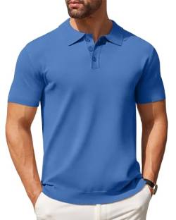 COOFANDY Herren Strick-Poloshirt, lässig, kurzärmelig, Knopfleiste, klassisches Golf-Shirt, Blau, L von COOFANDY