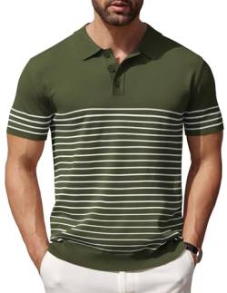 COOFANDY Herren Strick-Poloshirt Kurzarm Stricken Golf T Shirts Casual Gestreift Stretch Knit Shirt, Armeegrün (weiße Streifen), XX-Large von COOFANDY