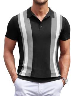 COOFANDY Herren Strick-Poloshirt Kurzarm Vintage Streifen Golf Shirt, Schwarz und Grau, XL von COOFANDY