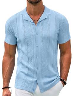 COOFANDY Herren-Strickhemden, Vintage-Stil, kurzärmelig, Button-Down-Shirt, lässig, Sommer-Top, Hell, blau, XL von COOFANDY