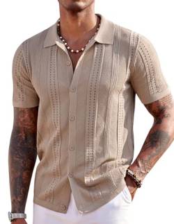 COOFANDY Herren Strickhemden Kurzarm Button Down Polo Shirt Mode Casual Strand Kubanische Hemden, Khaki, Klein von COOFANDY