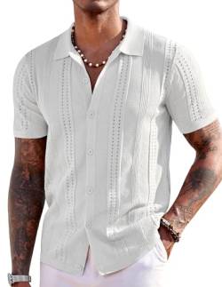 COOFANDY Herren Strickhemden Kurzarm Button Down Polo Shirt Mode Casual Strand Kubanische Hemden, Weiss/opulenter Garten, Mittel von COOFANDY