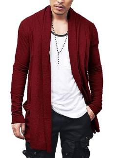 COOFANDY Herren-Strickjacke mit Rüschen und Schalkragen, vorne offen, leicht, lang, mit Taschen, Weinrot, L von COOFANDY