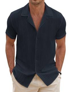 COOFANDY Herren Textured Hemd Kurzarmhemd Kubanisches Oberhemd Männer Freizeithemd Shirt Hawaiihemd Falten Beach Shirts Casual Blau Violett XL von COOFANDY
