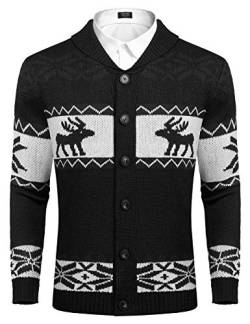 COOFANDY Herren Weihnacht Strickjacke Cardigan Winter V-Ausschnitt Pullover Lustig Hässlich Weihnachtspullover Schwarz S von COOFANDY