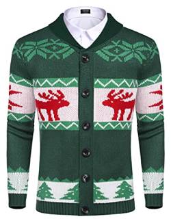 COOFANDY Herren Weihnachtspullover Strickjacke Winter Warme Ugly Christmas Sweater mit V Ausschnitt Strick Pullover für Männer Grün L von COOFANDY