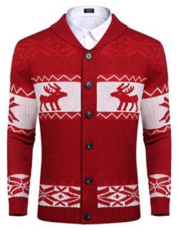 COOFANDY Herren Weihnachtspullover Winter Strick Cardigan Langarm Ugly Christmas Sweater Weihnachtspulli Lustige Weihnacht Pullover mit V Ausschnitt Rot XXL von COOFANDY