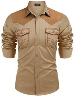 COOFANDY Herren Western Cowboy Shirt Bestickt Langarm Slim Fit Casual Baumwolle Button Down Hippie Shirts mit Taschen, Hellkhaki, Klein von COOFANDY