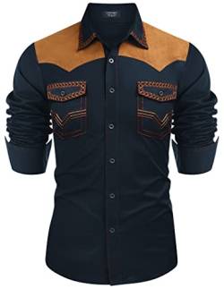 COOFANDY Herren Western Cowboy Shirt Bestickt Langarm Slim Fit Casual Baumwolle Button Down Hippie Shirts mit Taschen, Marineblau, Mittel von COOFANDY