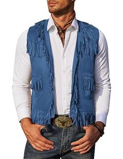 COOFANDY Herren Westernweste Cowboy Casual Fransen Hippie Kostüm V-Ausschnitt Reißverschluss Wildleder Weste, Blau, X-Large von COOFANDY