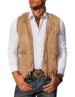 COOFANDY Herren Westernweste Cowboy Casual Fransen Hippie Kostüm V-Ausschnitt Reißverschluss Wildleder Weste, Hellkhaki, Large von COOFANDY