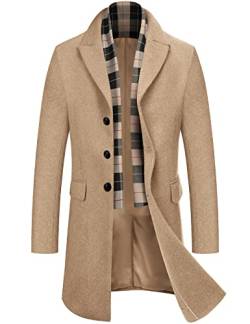 COOFANDY Herren Wollmischung Mantel mit abnehmbaren karierten Schals gekerbtem Kragen Einreiher Erbsenmantel, Khaki, XL von COOFANDY