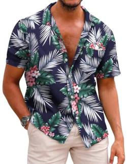 COOFANDY Herrenhemden Kurzarm Herren Hawaii Hemd Baumwolle Strandhemd Sommer Hemd Regular Fit Bügelfrei Button Down Kurzarm Hawaii Shirt B-Palmblätter L von COOFANDY