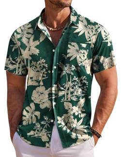 COOFANDY Herrenhemden Kurzarm Herren Hawaii Hemd Strand Hemd Blumen Sommer Hemd Regular Fit Bügelfrei Hemd Kurzarm Grün-Palme 3XL von COOFANDY