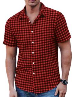 COOFANDY Kariertes Herren Hemd Rot Kariert Kurzarm Karohemd Freizeithemden Casual Sommerhemd Regular Fit Rot Schwarz L von COOFANDY