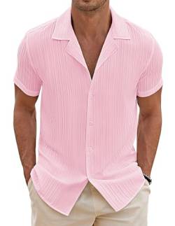 COOFANDY Kurzarm Hemd für Herren Kuba Sommerhemd Shirt Button Down Shirt Textured Hawaii Buntes Freizeithemd Männer Beach Outfit Mittel Rosa S von COOFANDY
