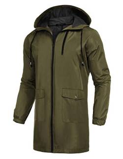 COOFANDY Langer Regenmantel für Herren, leichte Regenjacke, wasserdichte Outdoor-Jacken mit Kapuze, Olivgrün, XXL von COOFANDY