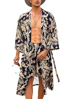 COOFANDY Leichter 2-teiliger Kimono-Bademantel mit Shorts, japanische 3/4-Ärmel, lässig, vorne offen, lange Strickjacke mit Gürtel, Marineblau (Blätter), Large von COOFANDY