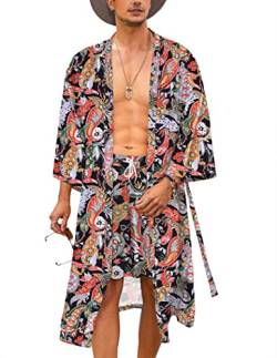 COOFANDY Leichter 2-teiliger Kimono-Bademantel mit Shorts, japanische 3/4-Ärmel, lässig, vorne offen, lange Strickjacke mit Gürtel, Schwarz (Paisley-Druck), XX-Large von COOFANDY