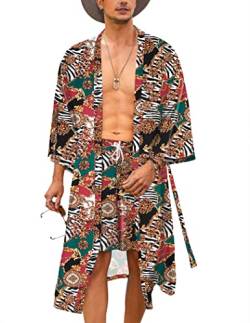 COOFANDY Leichter 2-teiliger Kimono-Bademantel mit Shorts, japanische 3/4-Ärmel, lässige offene Vorderseite, lange Strickjacke mit Gürtel, Weiß (luxuriöser Druck), X-Large von COOFANDY