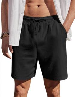 COOFANDY Leinen Shorts Herren Kurz Sommer Hose aus Baumwolle Chino Hose Strand Freizeithose mit Gummibund Schwarz L von COOFANDY