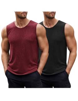 COOFANDY Tank Top Herren Fitness Träger Top 2 Pack Ärmelloses Muskel Gym Sport Unterhemd Männer T Shirt 2 Stück Schwarz/Weinrot XL von COOFANDY