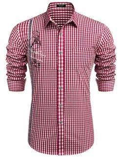 COOFANDY Trachtenhemd Herren Kariert Oktoberfest Hemd Baumwolle Slim fit Karo Langarmhemd für Männer Rot XL von COOFANDY