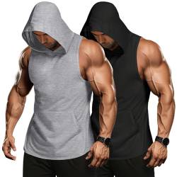 COOFANDY Workout Tank Tops Herren Muskelshirts Gym Bodybuilding Shirts Ärmelloser Hoodie Fitness Shirts Gym Kaputzenpullover ohne Taschen Schwarz/Hellgrau(2 Stück) L von COOFANDY