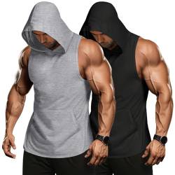 COOFANDY Workout Tank Tops Herren Muskelshirts Gym Bodybuilding Shirts Ärmelloser Hoodie Fitness Shirts Gym Kaputzenpullover ohne Taschen Schwarz/Hellgrau(2 Stück) M von COOFANDY