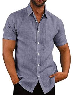 COOFANDY herrenhemd Kurzarm Herren Hemden Leinenhemd Slim Fit Sommerhemd Leinenshirt Business Kurzarmhemd Freizeithemd für Herren Blau 2XL von COOFANDY