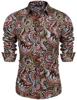 Coofandy Herren Paisley Baumwolle Langarm-Shirt mit Blumenmuster lässige Retro Hemd X-Large Wine Rot von COOFANDY