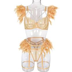 COOKOE Feder Dessous Sexy Transparent Spitze BH mit Ketten Sets Set Strumpfbänder Kostüme von COOKOE