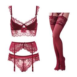 COOKOE Sexy Spitze dünne Baumwolle Cup Brust BH Set BH Panty Strumpfband Gürtel Strumpf Dessous Set von COOKOE