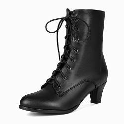 COOLCEPT Damen Vintage Viktorianisch Stiefel Schnüren Ankle Stiefel Almond Toe Mid Heel Steampunk Stiefeletten Reißverschluss Black Große 38 von COOLCEPT