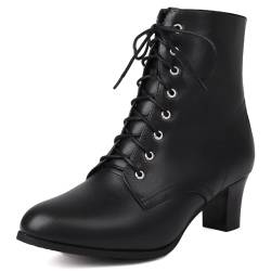 COOLCEPT Damen Vintage Viktorianisch Stiefel Schnüren Blockabsatz Ankle Stiefel 70s Steampunk Stiefeletten Reißverschluss Black Große 39 von COOLCEPT