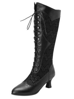 COOLCEPT Damen Vintage Viktorianische Stiefel Schnüren Kniehoch Stiefel Almond Toe Black Große 38 von COOLCEPT
