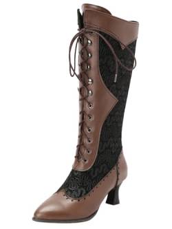 COOLCEPT Damen Vintage Viktorianische Stiefel Schnüren Kniehoch Stiefel Almond Toe Brown Große 37 von COOLCEPT