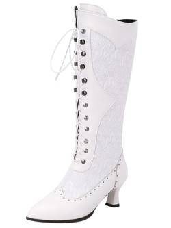 COOLCEPT Damen Vintage Viktorianische Stiefel Schnüren Kniehoch Stiefel Almond Toe White Große 37 von COOLCEPT