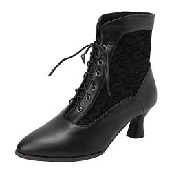 COOLCEPT Damen Vintage Viktorianische Stiefel Schnüren Knöchel Stiefel Almond Toe Black Große 38 von COOLCEPT