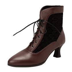 COOLCEPT Damen Vintage Viktorianische Stiefel Schnüren Knöchel Stiefel Almond Toe Brown Große 37 von COOLCEPT