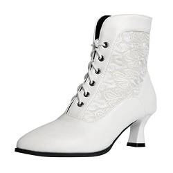 COOLCEPT Damen Vintage Viktorianische Stiefel Schnüren Knöchel Stiefel Almond Toe White Große 37 von COOLCEPT